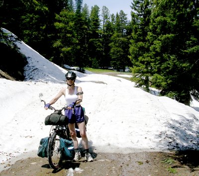 Terry crossing some snow pack.